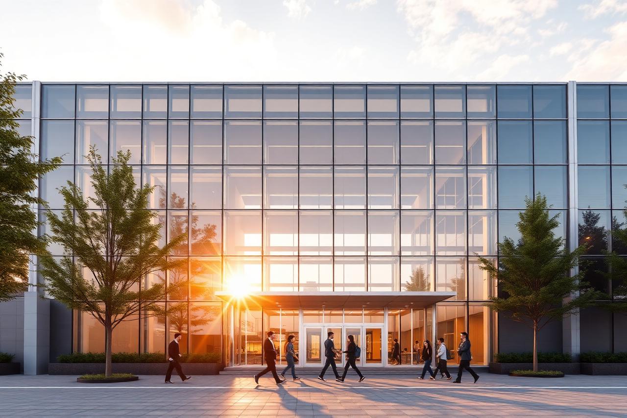 Modern high school building with a glass facade and students walking outside at golden hour
