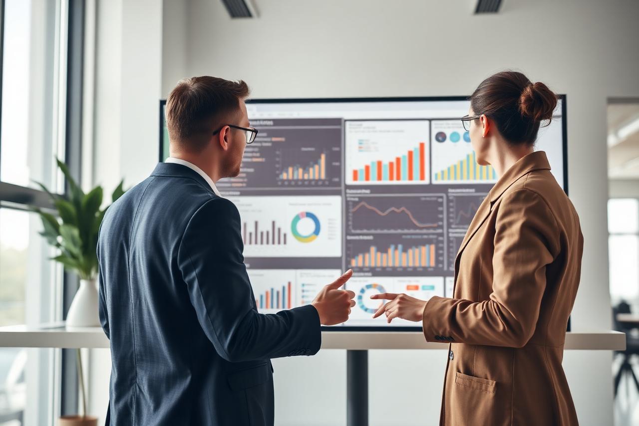 Two researchers analysing education data dashboards on a large screen